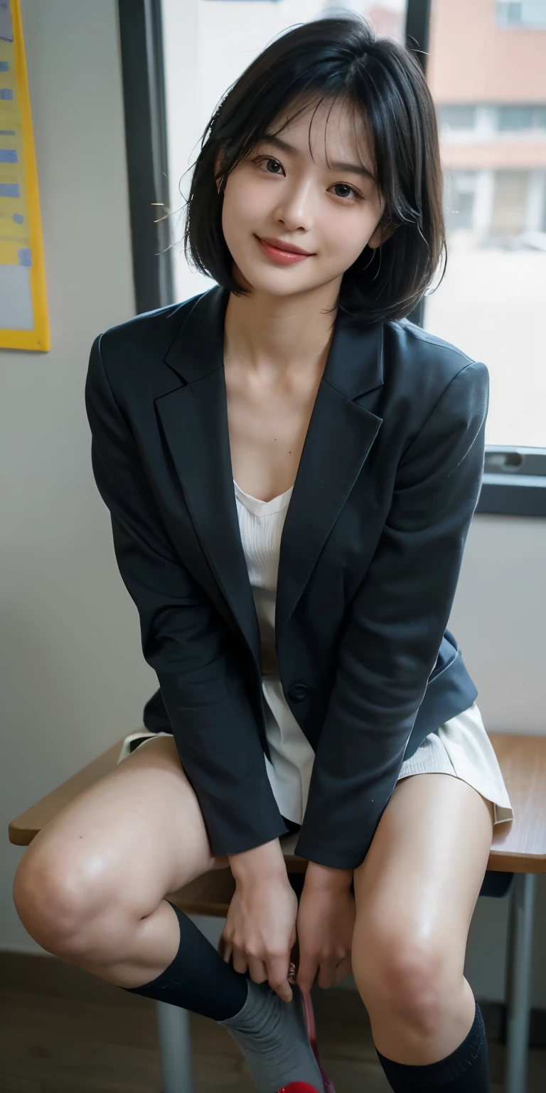 ((8k, RAW photos, top quality, masterpieces), high-definition RAW color photos professional close-up photos, (realistic, photorealism: 1.37), (highest quality), (best shadows), focus on the chest, collarbones, ((erotic, sexy, ultra high resolution,  physically based rendering, movie lighting), 1 girl, (grey blazer, ribbon, socks, high school uniform: 1.2), high school classroom, beautiful detail eyes, light on the face, ((full body shot: 1.2)), especially strong light, (upper eyes, grinning smile:1.2),shiny skin, (((black hair, bob hair:1.2))), ( thick thighs),  shy, (flash:1.2), NSFW , (puffy), ((seductive posture: 1.2, attractive: 1.2)), (idle), (sitting at a desk in classroom: 1.2)), ((good anatomy: 1.2)), ((bright and refreshing classroom, background blurred: 1.2)), perfect face, cute face, (high angle shot:1.2)