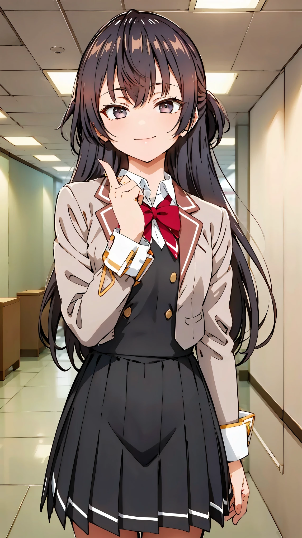 ((masterpiece, best quality, highres)), depth of field, BREAK, 1girl, smile, cowboy shot, BREAK, (indoor), school corridor, BREAK, suou yuki, long hair, black hair, BREAK, long sleeves, school uniform, white shirt, pleated skirt, collared shirt, open jacket, blazer, red bowtie, grey jacket, pleated dress
