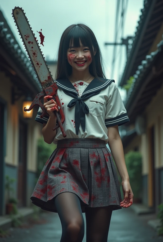 Cinematic style image ((4K quality)), ((masterpiece)), ((ultra realism 1.3)), (( 1 girl)), (sexy Japanese girl stained with blood all over her body dressed as a schoolgirl) , with a short skirt with a gray and red checkered design, with a white button-down shirt with a black bow on the collar, with long black stockings, (holding a blood-stained chainsaw in his hands) , his face with an expression of joy with a macabre smile, looking at the camera in an alley with Asian infrastructure, and the cloudy sky.