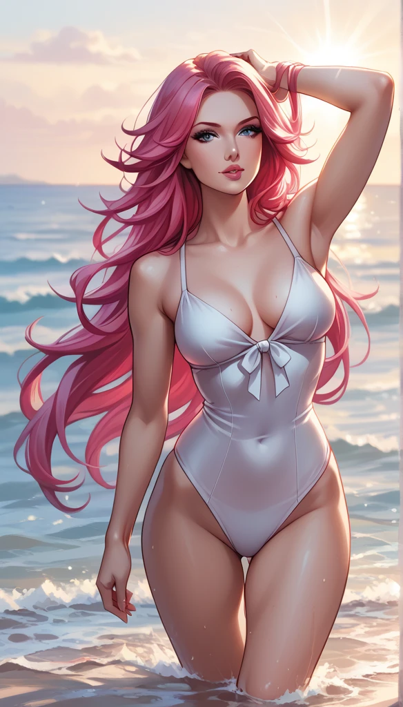 NUDE woman with pink hair and sunglasses standing in front of palm trees, BIG ,rossdraws pastel vibrant, :: rossdraws, rossdraws cartoon vibrant, 🌺 cgsociety, inspired by rossdraws, cute art style, digital art. artstation, rossdraws portrait, artgerm and rossdraws, colorfull illustration, beautiful anime art style, rossdraws 2. 0