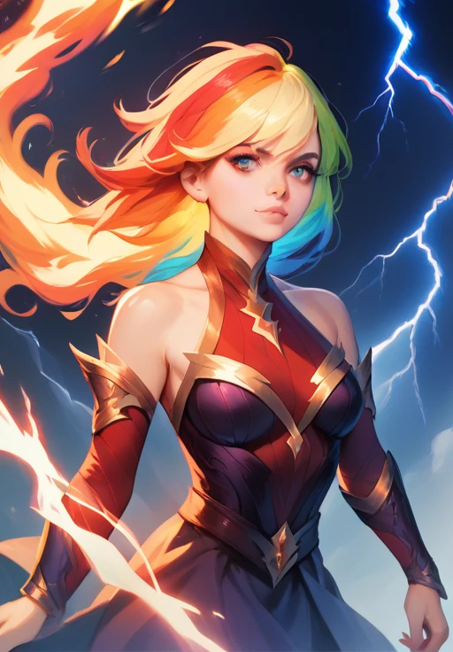 masterpiece,best quality,glowing,sparks,lightning,chromatic aberration,fusion of rainbow with woman,artwork,18yo,bare shoulders,fantasy art style,realistic art style