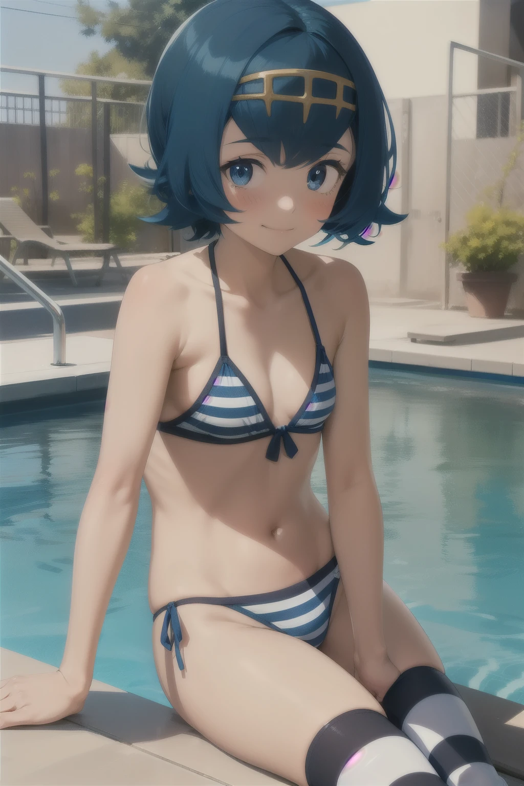 Anime style, 1 girl lana , young girl , childshi  body ,solo , short blue hair , flat chest ,  smug face smile , bikini , blush ,pool , striped stockings. 