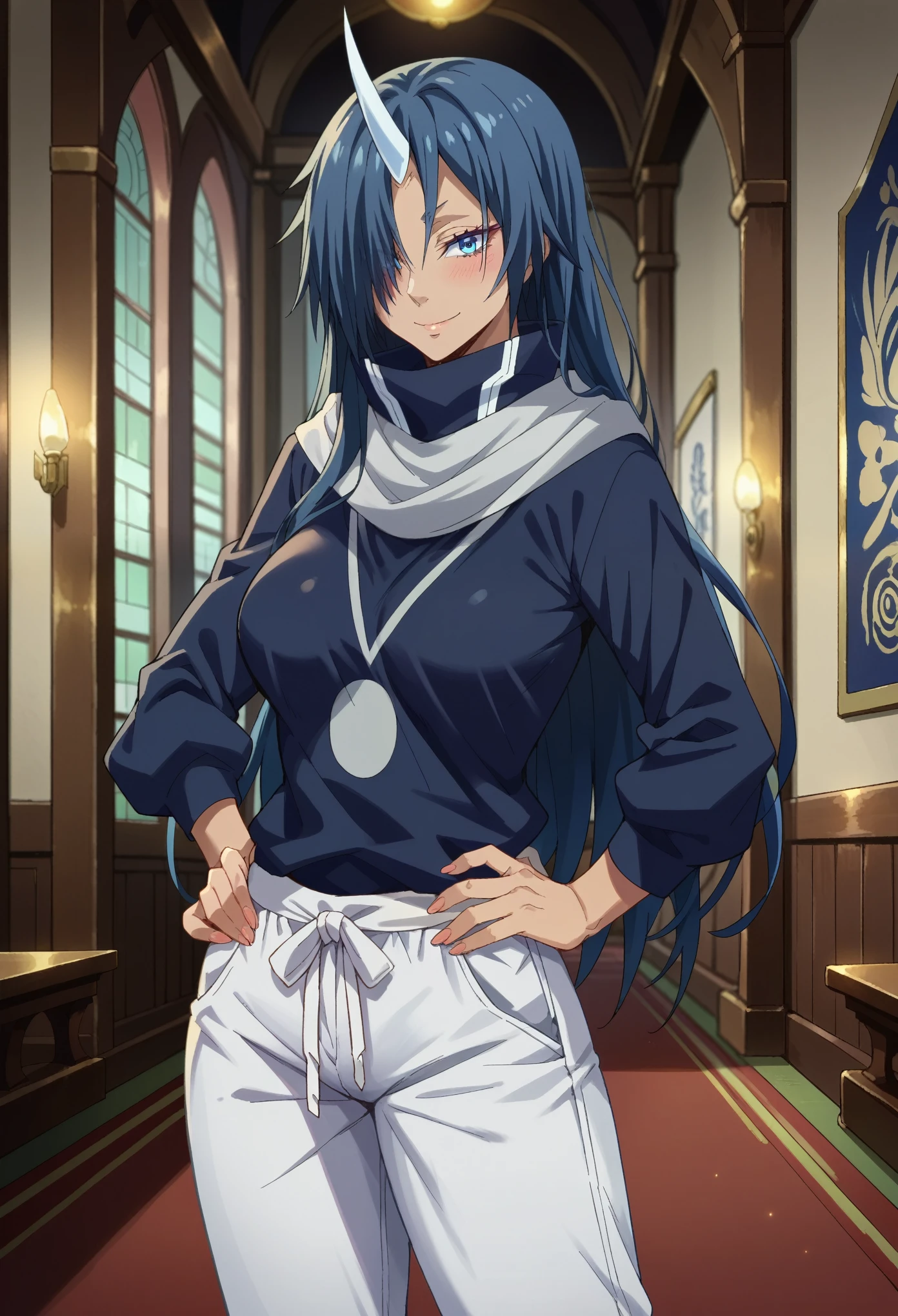 score_9, score_8_up, score_7_up, 1girl, solo, (female:1.5), female focus, souei_tensura, blue hair, (long hair:1.5), blue eyes, hair over one eye, single horn, white scarf, white pants, baggy pants, standing, breasts, smiling, blushing, hand on hip, looking at you, night, inside a palace