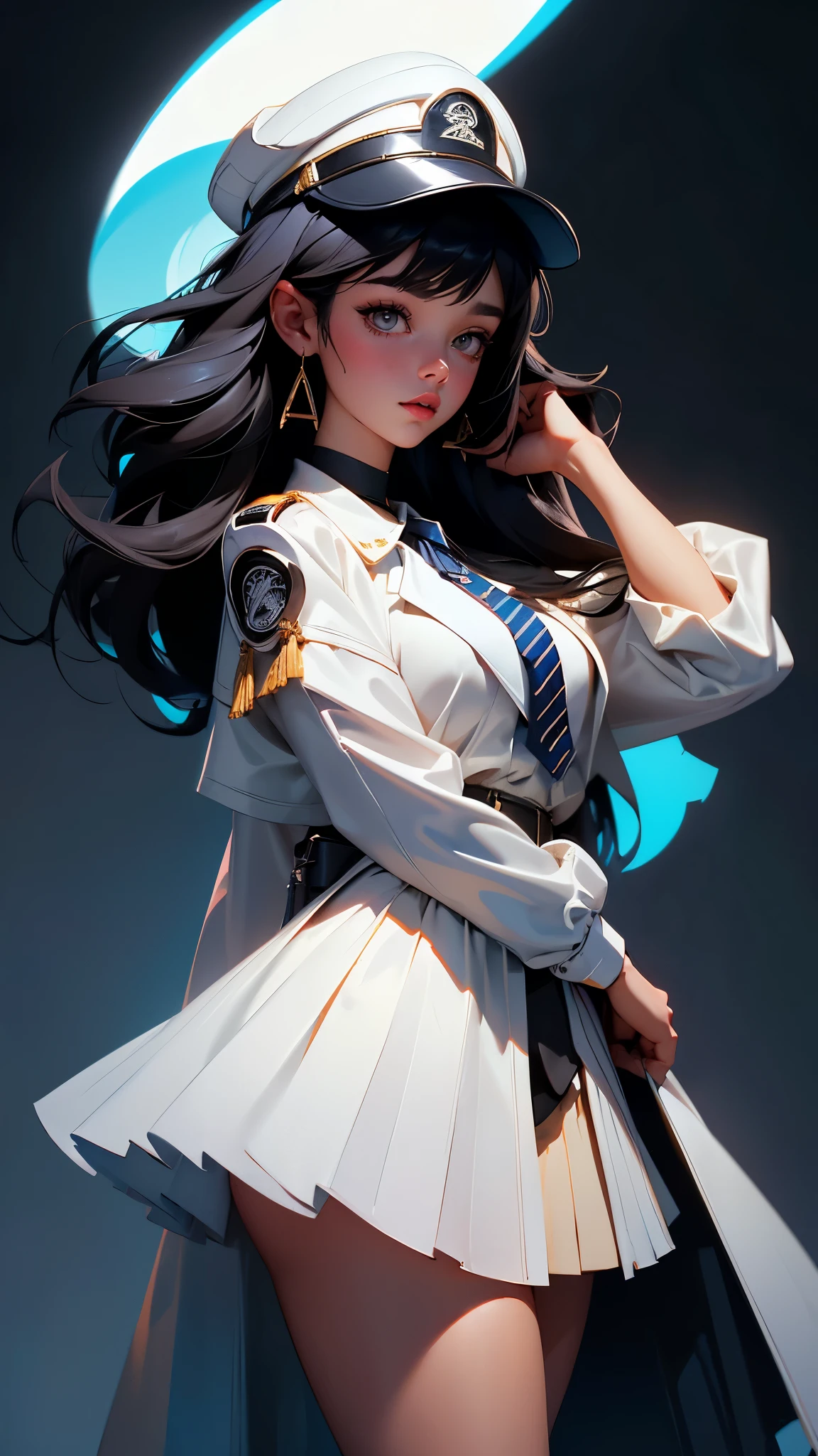 envision a 8k, highres, cinematic, beautiful full body Pinup of a sexy young woman with a slender body, cute face, (((long black hair))), side locks, long bangs, Amber eyes, blush, antenna hair, choker, Diesel, earrings, jewelry, jacket on shoulders, white shirt, collared shirt, striped, blue necktie, white gloves, white skirt, blue headwear, peaked cap, ((((1girl)))), in dark lighting, against a dark gray background