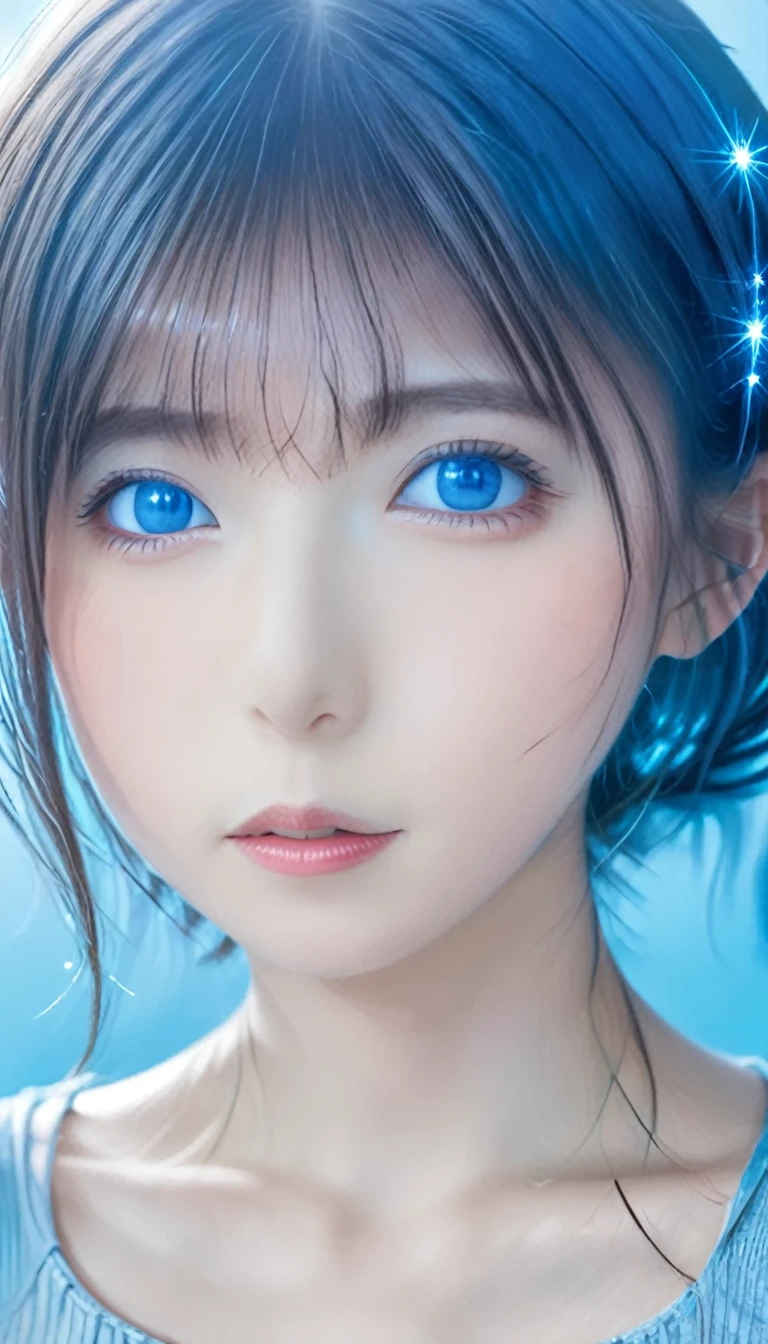 One girl, High resolution, chest, Gaze, Blushing, Shortcuts, blue eyes, Red eyes, Bangs between the eyes, Blue Hair/Light blue hair, Sparkle Effect, 最high quality, High-resolution model, high quality, Eyes are symbols, Heavy makeup, Character portrait, accessories, Sparkle Effect, Anime Style, 