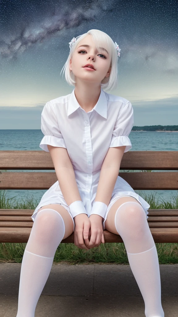 masterpiece,best quality,1girl,girly,transparent,perfect face,white stockings,high quality,cute,white hair,shirt,sitting on a bench,seaside,looking at the audience,starry sky,8K,(looking up)