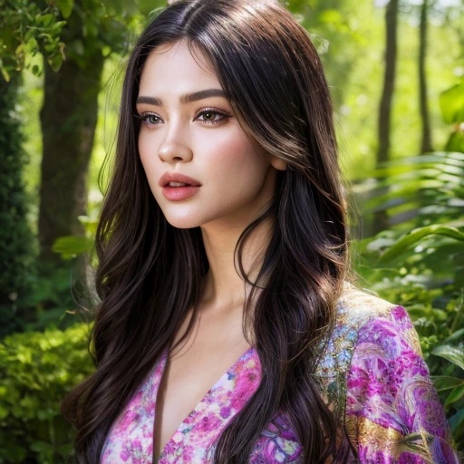 a beautiful girl in a garden, 1girl, beautiful detailed eyes, beautiful detailed lips, extremely detailed face, long eyelashes, long flowing hair, intricate floral dress, standing in a lush garden, sunlight filtering through trees, vibrant flowers blooming, detailed foliage, (best quality,4k,8k,highres,masterpiece:1.2),ultra-detailed,(realistic,photorealistic,photo-realistic:1.37),beautiful natural lighting,cinematic composition,vibrant colors,highly detailed