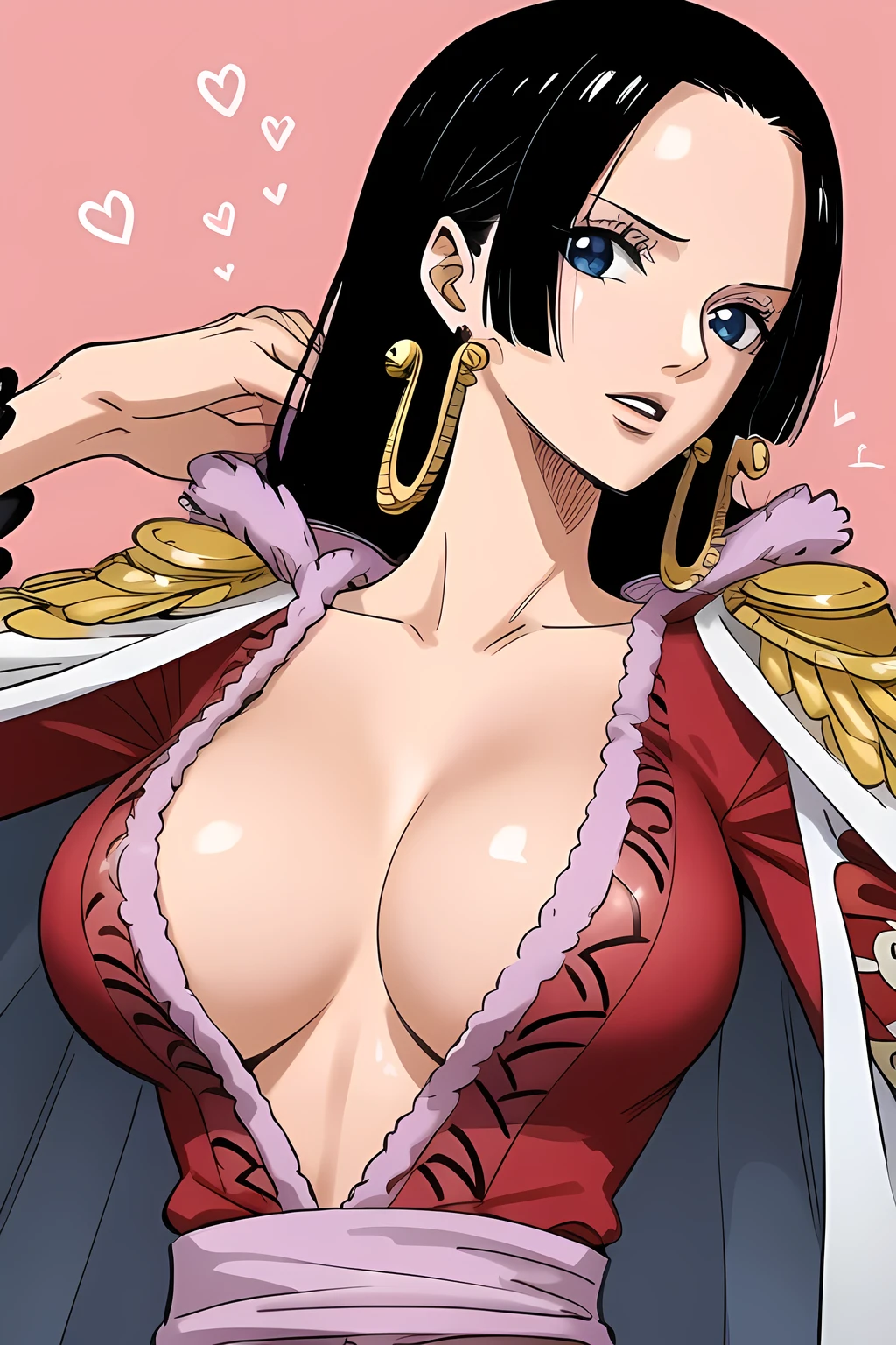 1girl, solo, masterpiece, high quality, boa hancock, jewelry, earrings, large breasts, cleavage, looking at viewer,