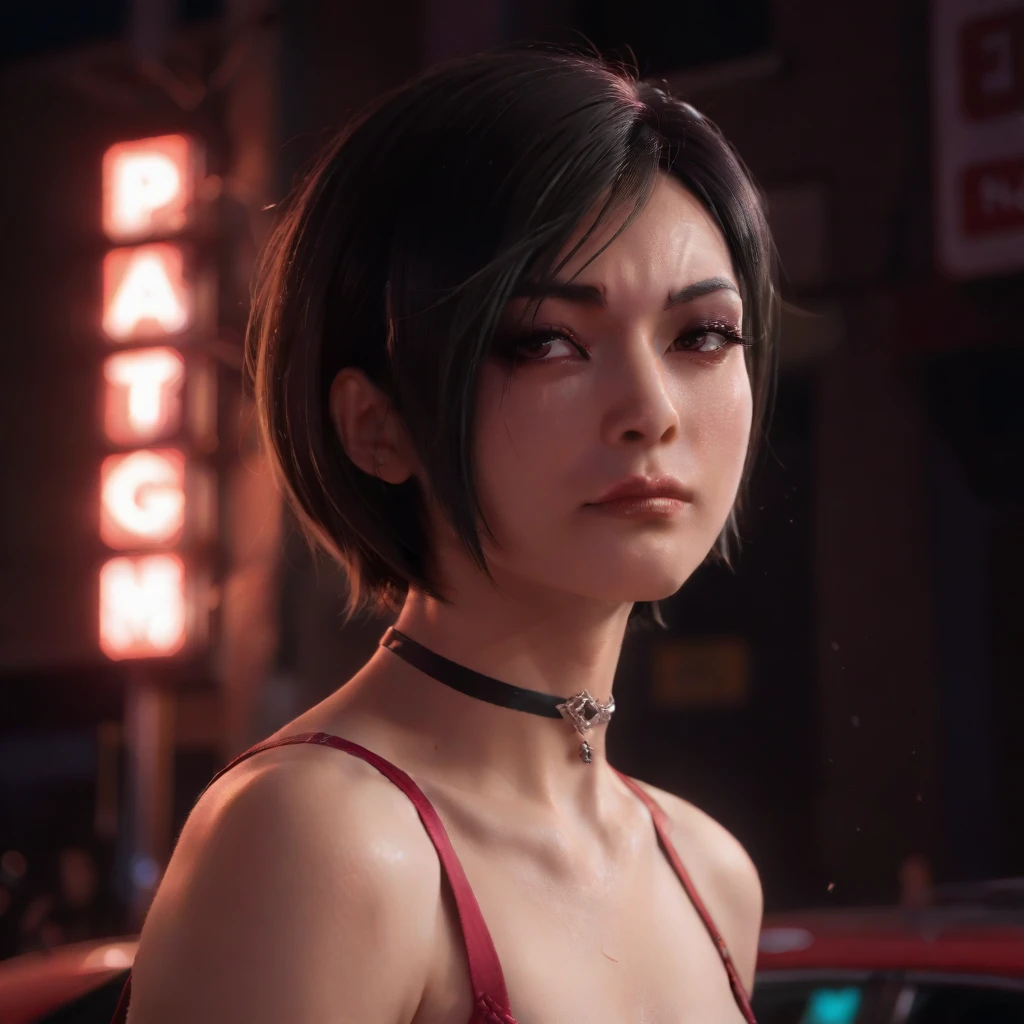 Generate an illustration of Ada Wong, the iconic Resident Evil character, with a focus on her elegant and mysterious appearance. She is completely nude from head to toe, capturing her dark, silky hair, which falls softly over her shoulders. Be sure to include a nighttime urban background with neon lights, creating a vibrant contrast between the red of her dress and the dark background. Add light effects and flares that illuminate her face, highlighting her penetrating gaze and determined expression. Use a bright, saturated color palette to create a dynamic and engaging environment.