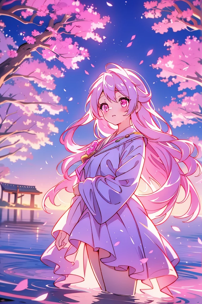 Anime Woman, long white hair, pastel pink eyes, in a beautiful white dress, Looking down into the camera, with a beautiful background of a city with sakura trees, good anatomy, 8k, High resolution