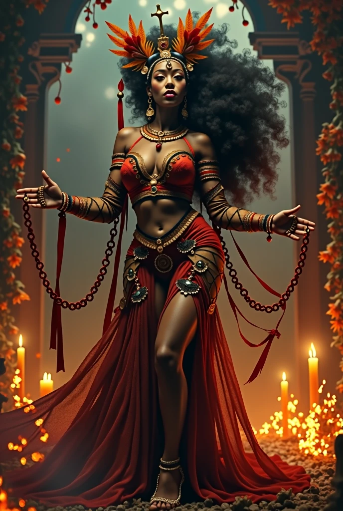 Renzi, Afro-textured hair, african goddess, sparkling eyes, heterochromia eyes, dark skin,
(close-up upper body:1.3), over shoulder, detailed eyes, detailed face, detailed upper body,
"Eternal Temptation": Against a backdrop of swirling flames, our alluring fallen angel stands tall, her attire a symphony of red and black. A corset, adorned with intricate patterns and blood-red gemstones, cinches her waist, accentuating her seductive silhouette. Her billowing skirt, crafted from layers of diaphanous fabric, dances with the flickering firelight, revealing glimpses of her mesmerizing legs. With a gaze that promises both pleasure and peril, she lures mortals into a world of irresistible temptation.