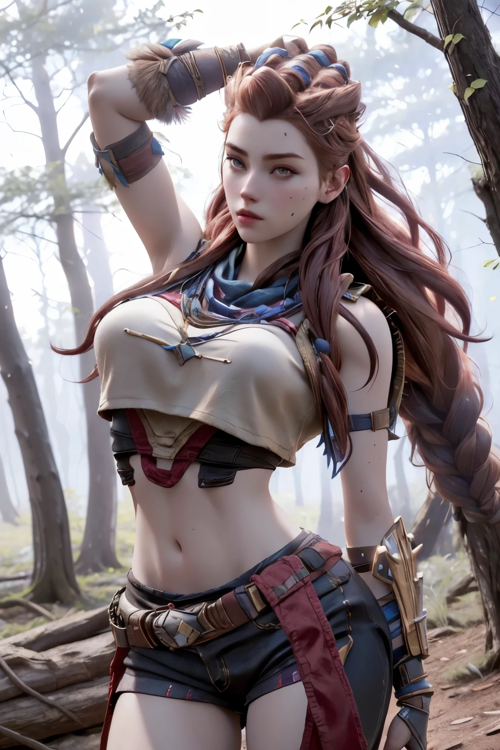 Aloy, redheadwear, KDA (league of legends), high resolution, perfectbody, super detaill, 8k, Overview, fully body, at a forest, 