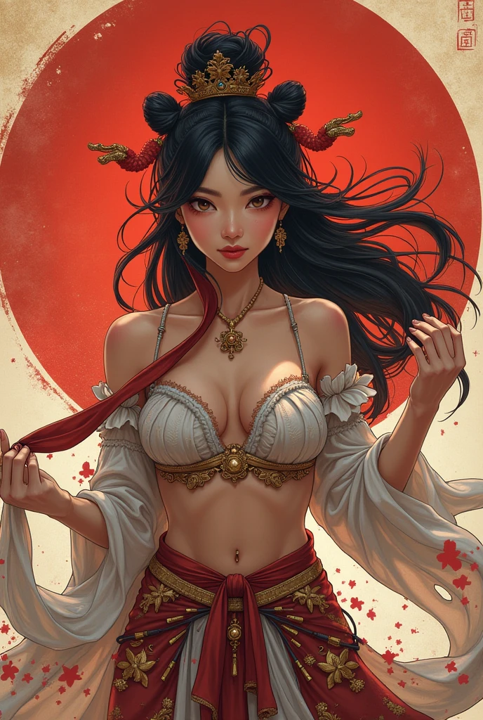 uma linda garota morena com cabelo rot escuro, face perfect, work of art, ultra high resolution, high qualiy, 4K, olhos rots como fogo, cabelos rots escuro, rot, red butterfly, Buffalo, sharp sword, Tuuli, wind, rot, red long circle skirt, hurricane ago, rabo de Buffalo