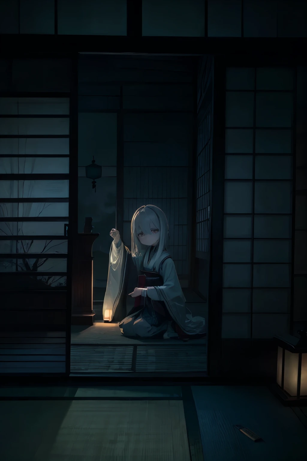 Girl、Japanese Horror、Dark Japanese style house、tatami、1人のGirl、night、Only the light of the lanterns、three-headed body、His right hand is stretched out beyond the screen、Pale skin、Dark eyes、Cloudy eyes