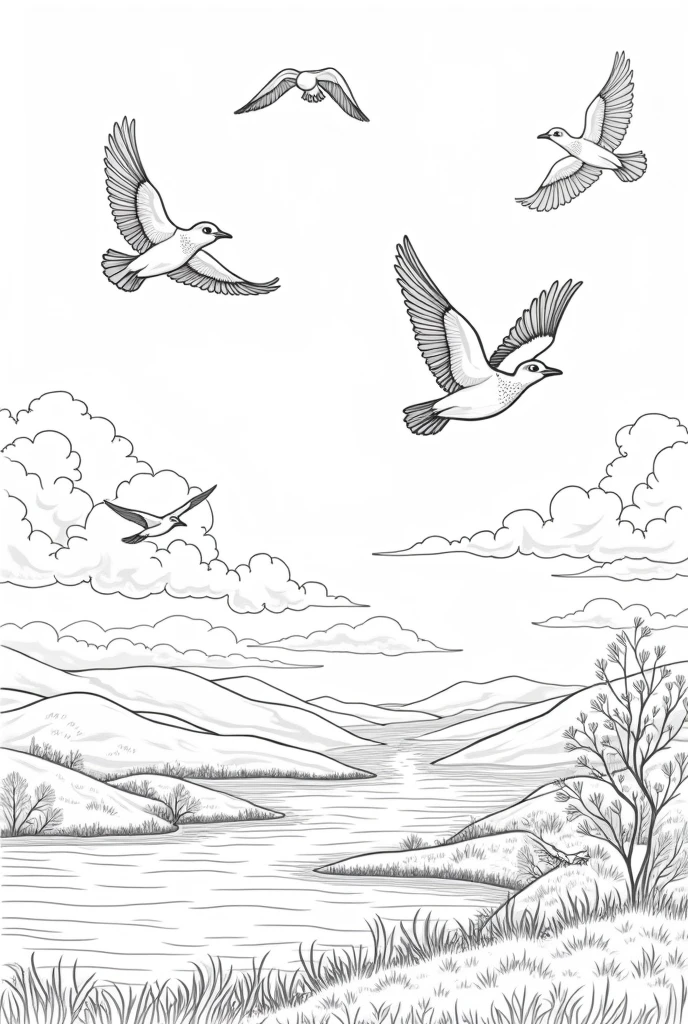 Detailed coloring pages for kids of sky landscapes with birds in black and white