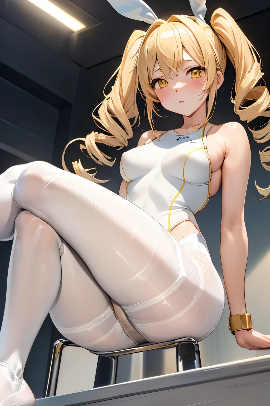 (Highest quality:1.2),  alone, One woman, Tomomi, blonde hair, drill hair, twin drills, (yellow eyes:1.3)、(blush:1.1), Embarrassing, View your viewers, ((White competitive swimsuit))、((((pantyhose))))、((Photo from below))、((leotard))、Seductive pose