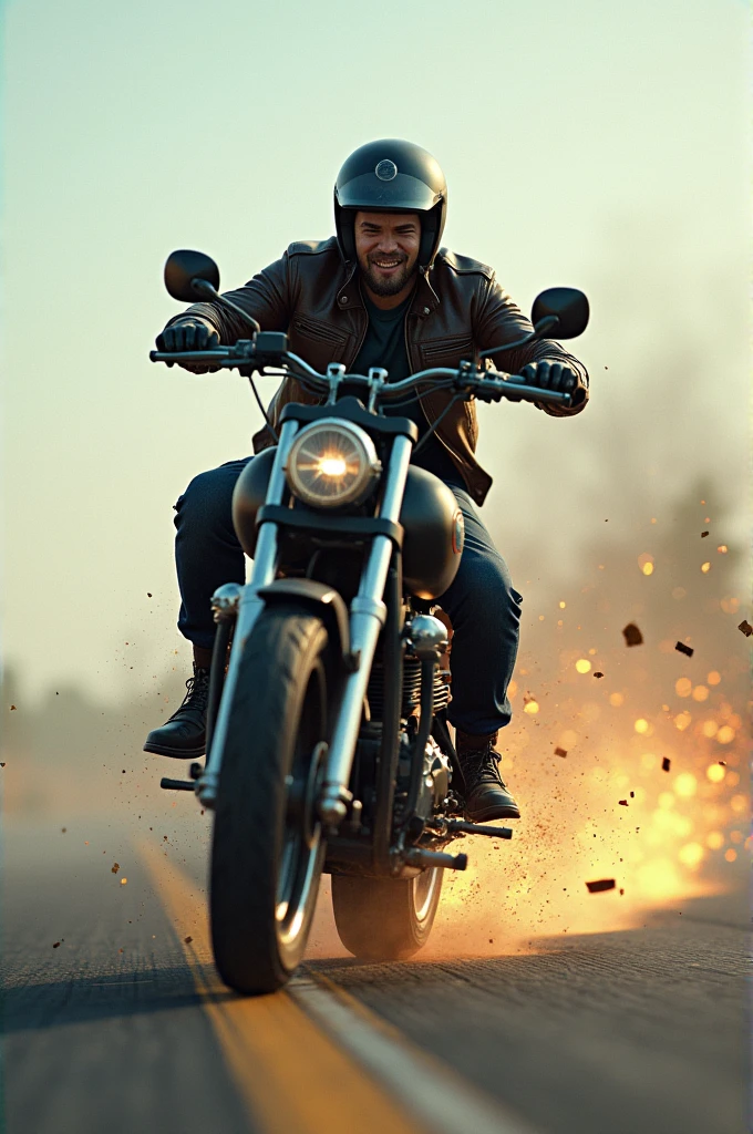 um homem , guerreiro, rico, charmoso, com tecnologia, cyberpunk, fundo de selva, Blood and explosions, em cima de uma moto, com ceu azul