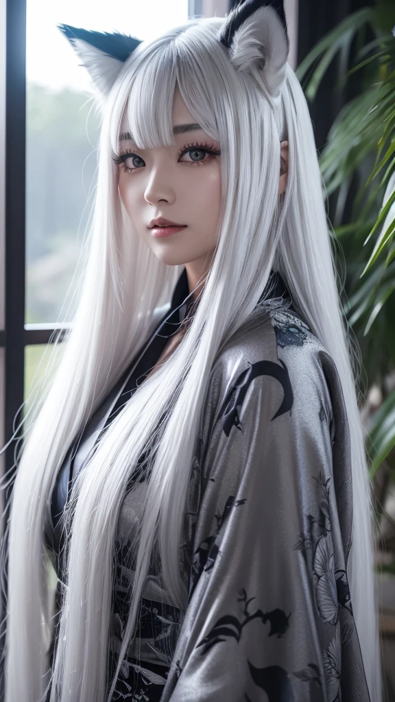 masterpiece, best quality, (realistic,photo-realistic:1.4), (RAW photo:1.2), extremely detailed CG unity 8k wallpaper, delicate and beautiful, amazing, finely detail,official art, absurdres, incredibly absurdres, huge filesize, ultra-detailed, extremely detailed, extremely detailkcaled girl,extremely detailed eyes and face, light on face,little smiles,(long hair:1.3),(white hair:1.3),nature,small breast,(wearing robe:1.4),black turttleneck