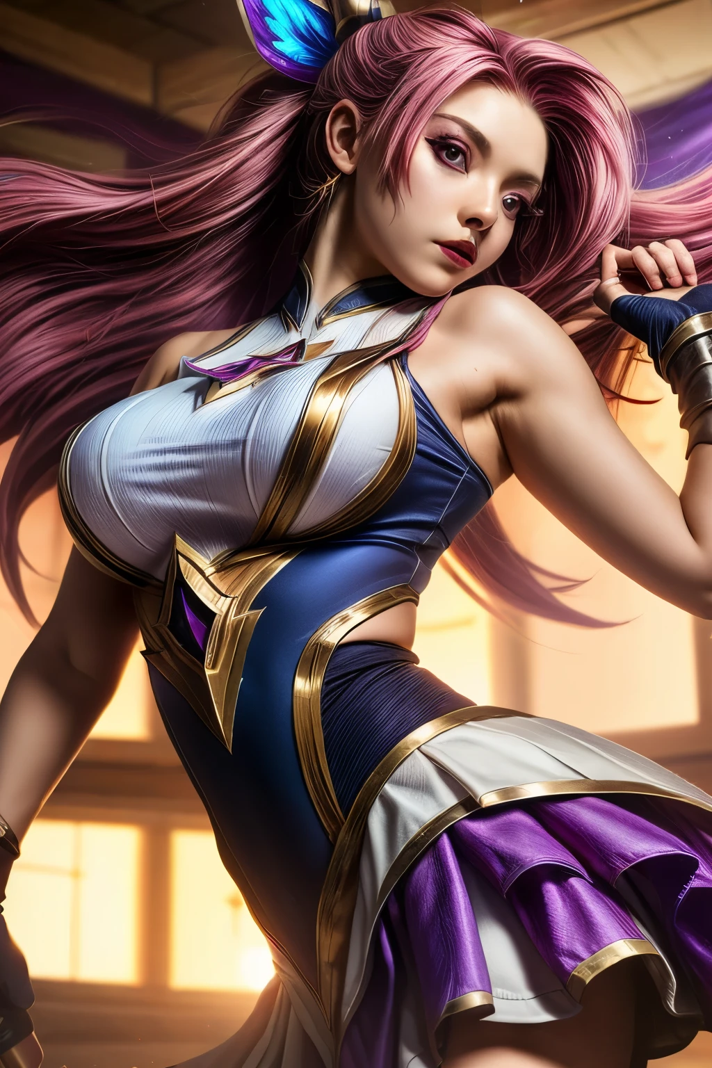 Akali league of legends, super long pink hair, (overskirt, don), Star Guardian-Akali (League of Legends), high resolution, perfectbody, super detaill, 8k, Overview, fully body, I a room, 