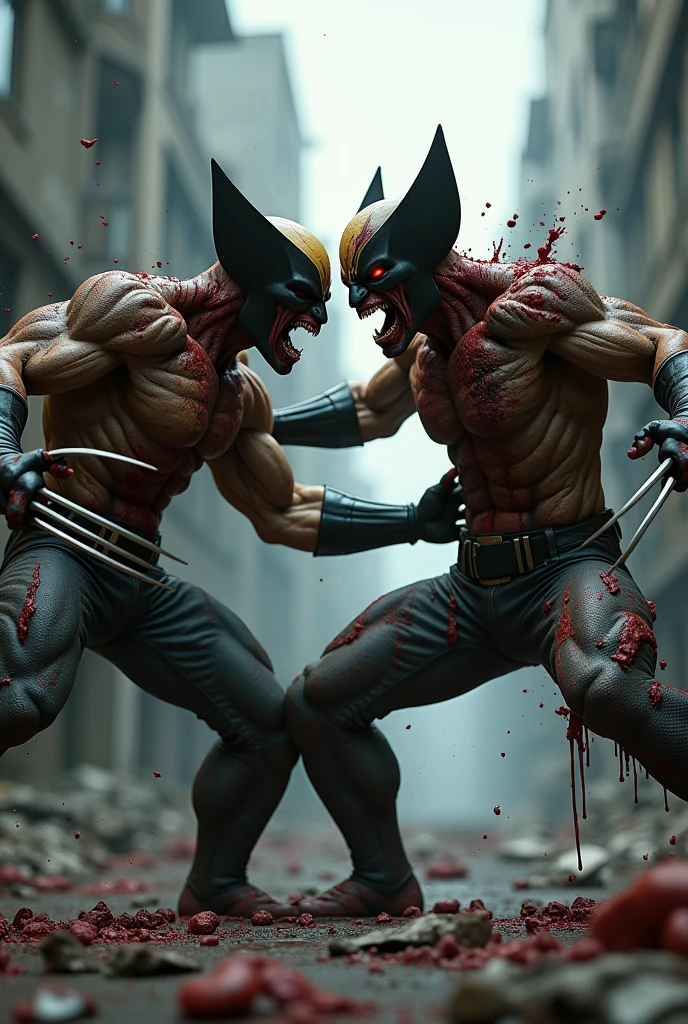 Wolverine vs zombie wolverine fight together.wounds and blood.