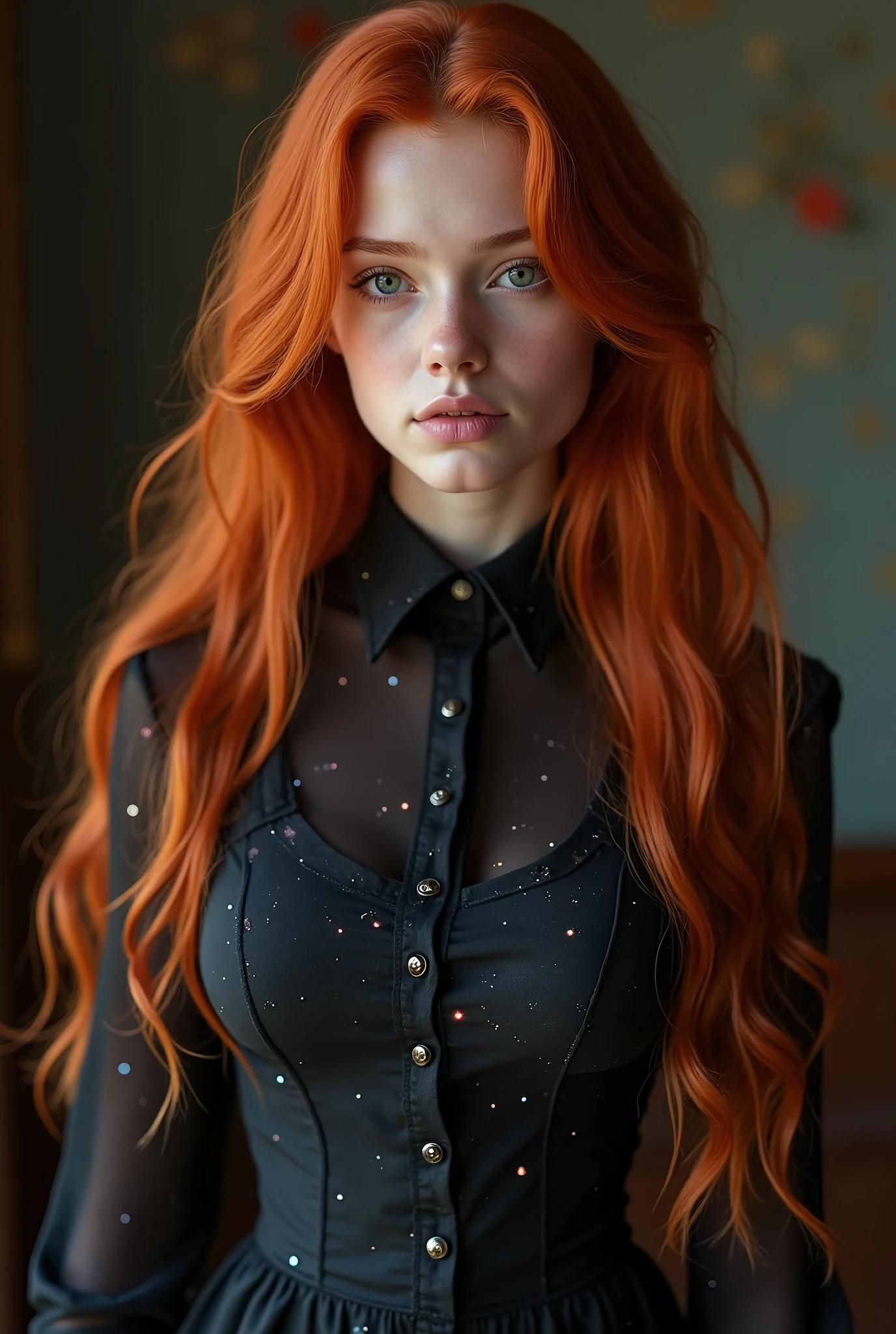 (8k, RAW photo, highest quality),(epic realistic:1.5), a girl, dynamic posture,erotic face, blouse,(detailed eyes:0.8),(looking at the camera:1.4), (highest quality), (best shadow),intricate details,cinematic,((skin:1.4)),interior, (long ponytail ginger hair:1.3),dark studio,(hdr:1.5),detailed, muted colors, freckles, silver necklace, silver earring