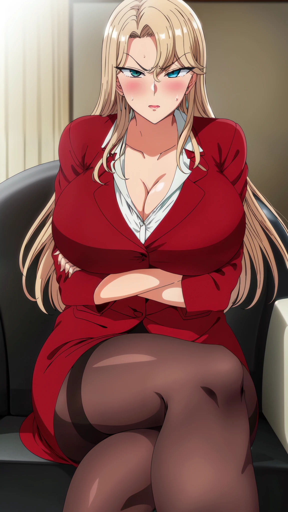 masterpiece, best quality, highly quality , blonde, aqua eyes, collared shirt, cleavage, sitting, jacket, black pantyhose, crossed arms, HUGE BREAST, crossed legs, couch, red skirt suit , (seriuos,  ), eye_brow up, (blush:1.2) , mature woman , (thighs:1.2) , thick thighs ,
