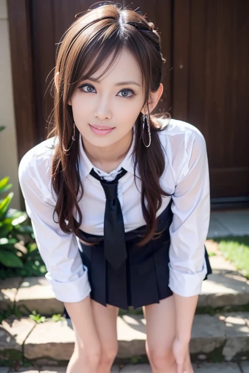 Highest quality、、masterpiece、Real:1.3 )、( A classical and elegant garden with a castle as a backdrop )、( Very high quality deep background : 1.2 )、Natural bright sunlight、Blue sky、smile、Beautiful woman with perfect figure:1.4、Highly detailed face and skin texture、Detailed eyes、double eyelid、Very far : 1.2 、The whole body is visible、White and black maid、Ruffled blouse、Ruffled mini skirt、Ribbon tie、apron、High heels 、((( Lift skirt to show off panties : 1.3 )))。((Thighs))、Red lipstick、