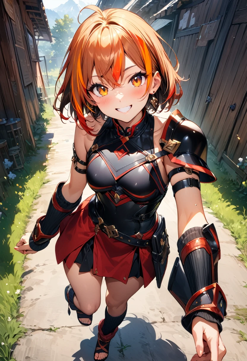 (masterpiece),(best quality),(ultra-detailed),(best illustration),(best shadow),(absurdres),(detailed background),(very aesthetic), score_9, score_8_up, 1girl, solo, multicolored-hair, smile, black-armor, sandals, grin, short-hair, thigh-strap, two-tone-orange-and-red-hair, simple-background, streaked-hair, belt, orange-eyes, skirt, looking-at-viewer, vambraces, bracer, jewelry, toeless-footwear, shoulder-armor, earrings, pauldrons, hair-between-eyes, shoulder-pads, leg-warmers, over-shoulder, armlet
