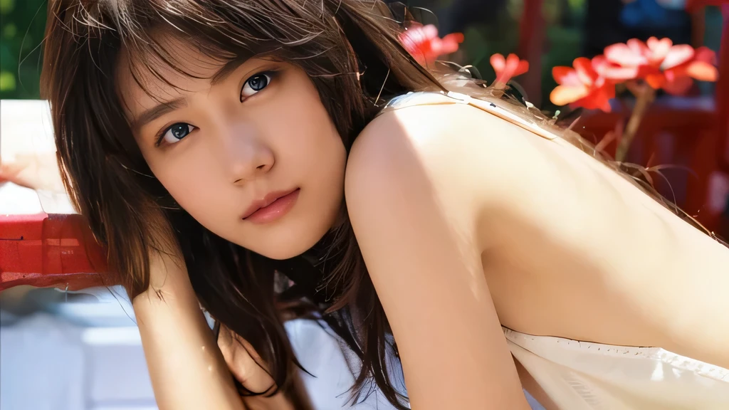 (masterpiece, Highest quality, RAW Photos, 8K), beautiful girl, White wall, (Natural light), beautiful girl white dress, ( skirt, Delicate lace, underwear), beautiful girl, Pretty face, (Beautiful Eyes, Light in your eyes, Delicate face, thin眉毛), light makeup, (thin眉毛, Bright eyebrow colors, Light on the cheeks), (17 years old), short hair, bangs, (The wind is blowing), thin, beautiful girl, (Shining cheeks and closed lips, Innocence)、T-Shirts、healthy