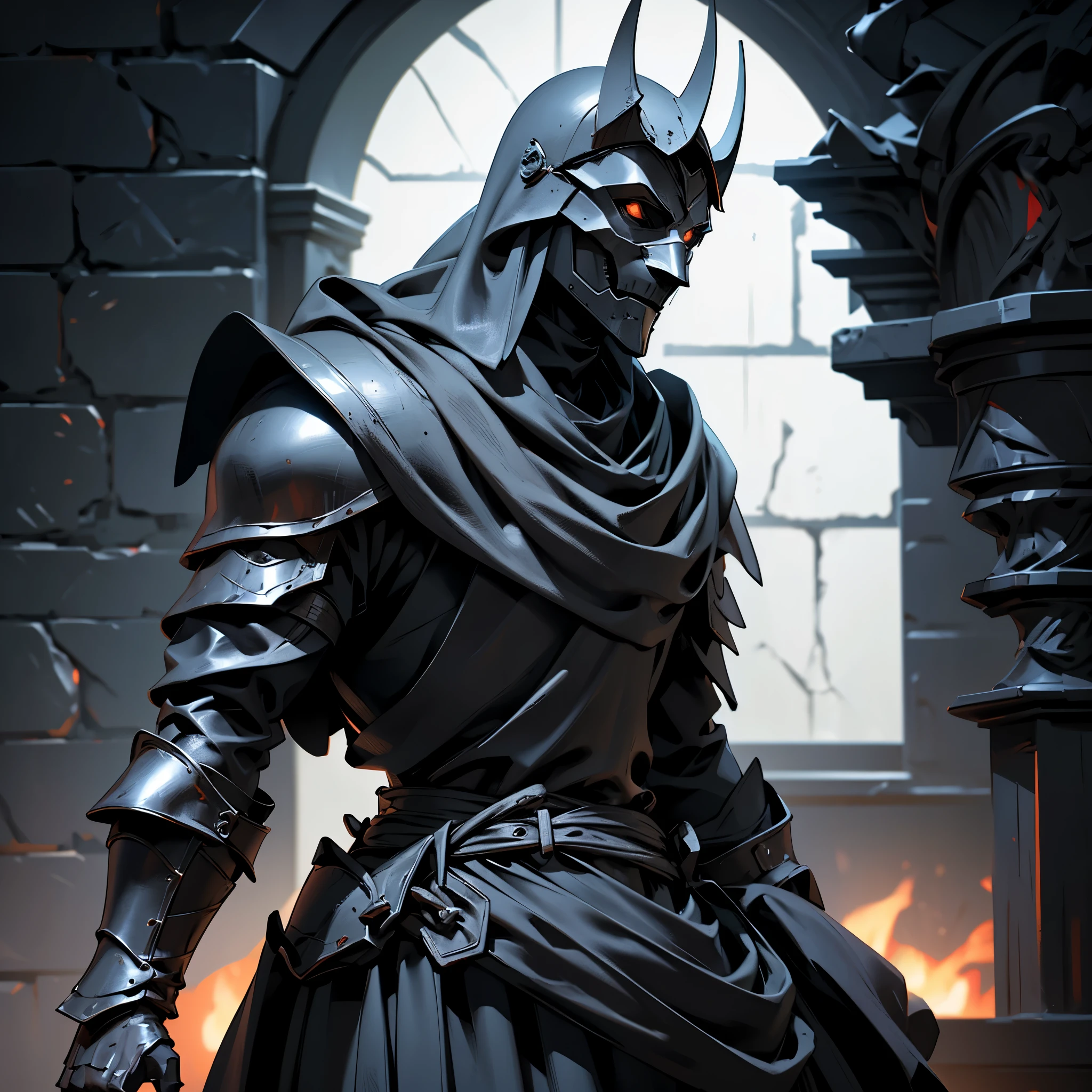 envision a 8k, highres, cinematic, detailed, semi realistic Faceless Black Knight Statue, Black Armor, Black Mask, in dark lighting, against a dark background