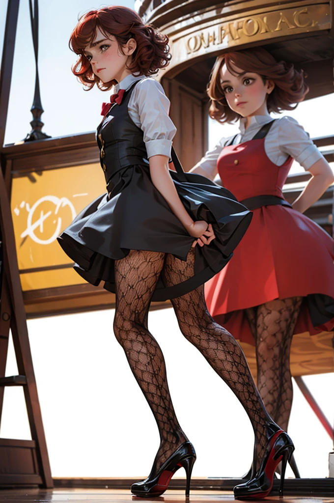 Emma Watson,  very curly red hair,  head bow,  very tiny miniskirt,  jacquard pantyhose,  high heels,  sun shiny day 