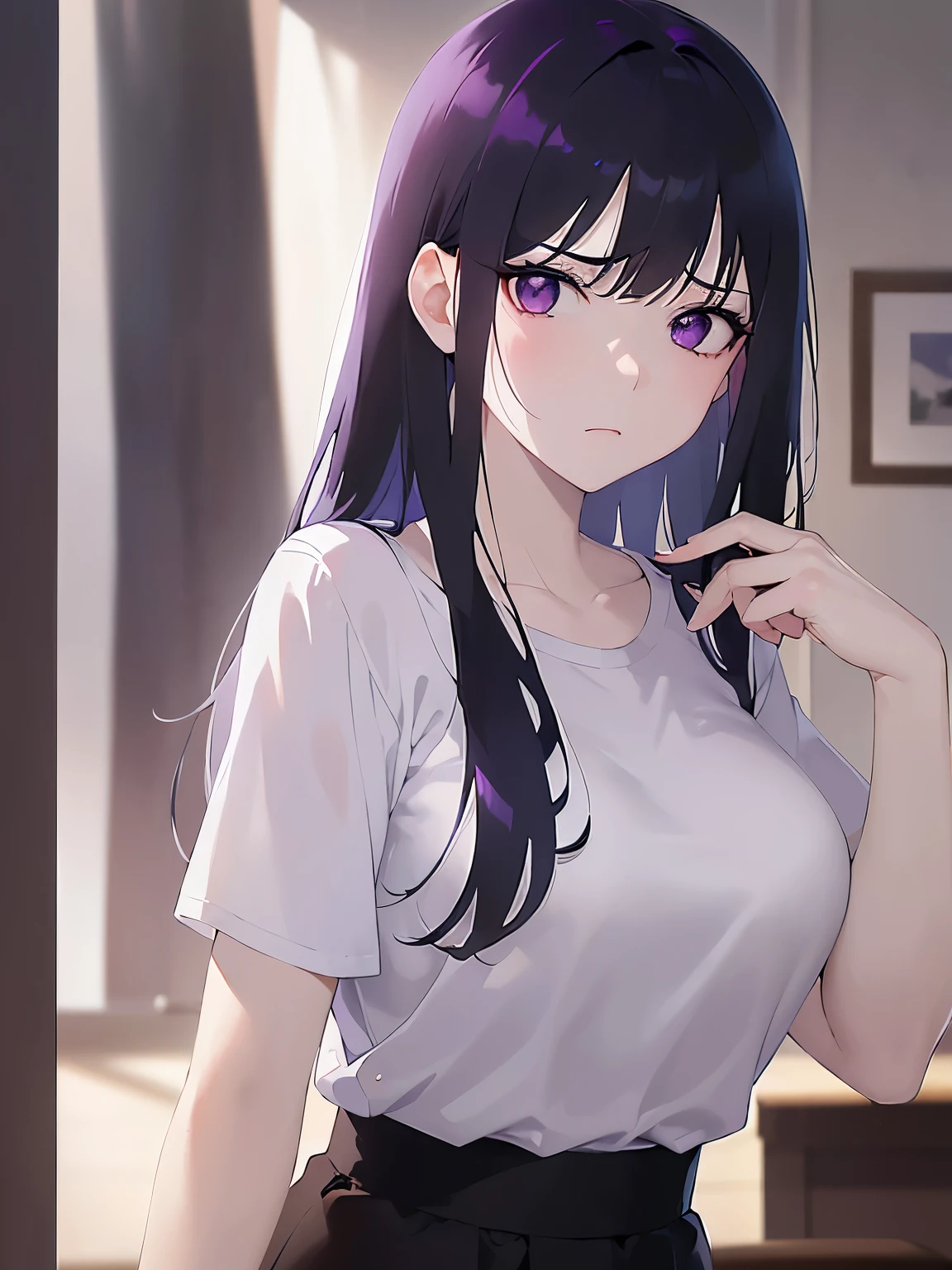 Upper Body, Realistic, real person, (pale skin: 1.2), shiny skin, shiny hair、(A 25-year-old woman with straight hair and bangs) and (medium hair) and (black hair) and (purple eyes) , (white) and (T-shirt) 、Serious expression, open mouth, The background is the living room、Alone、Are standing