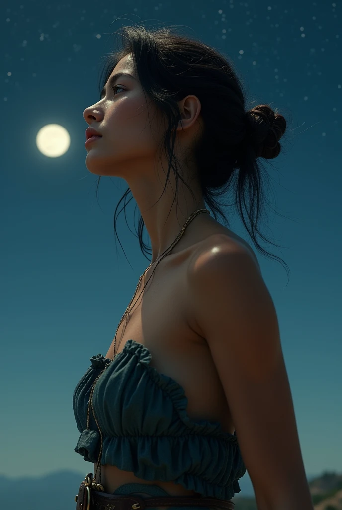 (masterpiece, Best quality, realistic)one girl looking up at the sky , posing with his back to the camera , Full-length perspective , astrological theme with moon background