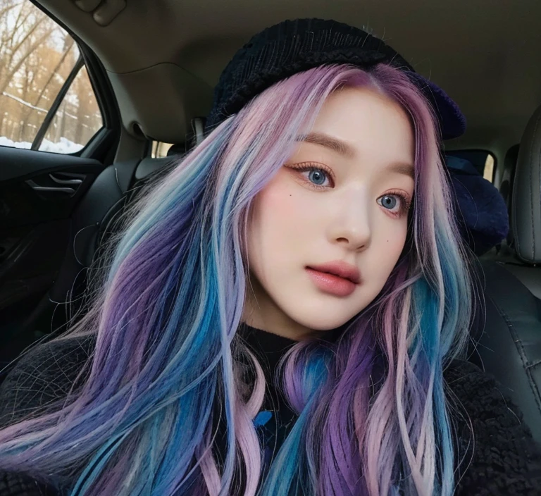 long, Wavy, multicolored hair (rosa, blue, purple), black hat, sitting in a auto, natural lighting, Cozy atmosphere, casual context, winter warm clothing, inside (auto), visible auto window with outside view of trees, Light from the side.