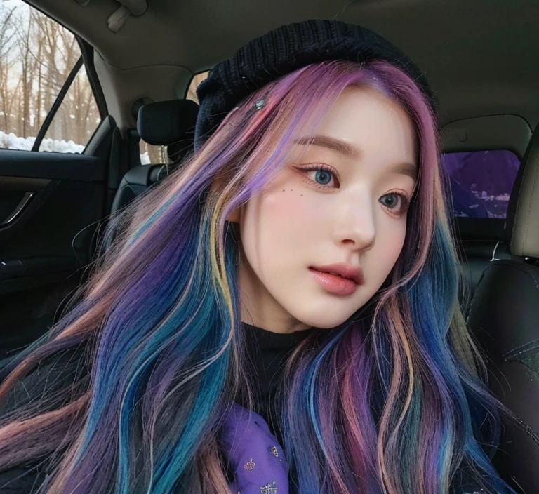 long, Wavy, multicolored hair (rosa, blue, purple), black hat, sitting in a auto, natural lighting, Cozy atmosphere, casual context, winter warm clothing, inside (auto), visible auto window with outside view of trees, Light from the side.