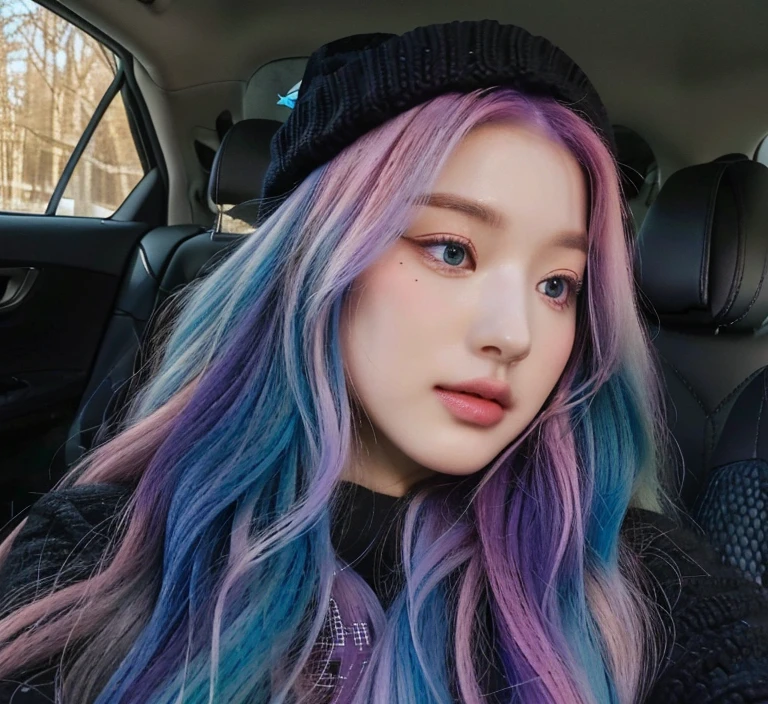 long, Wavy, multicolored hair (rosa, blue, purple), black hat, sitting in a auto, natural lighting, Cozy atmosphere, casual context, winter warm clothing, inside (auto), visible auto window with outside view of trees, Light from the side.