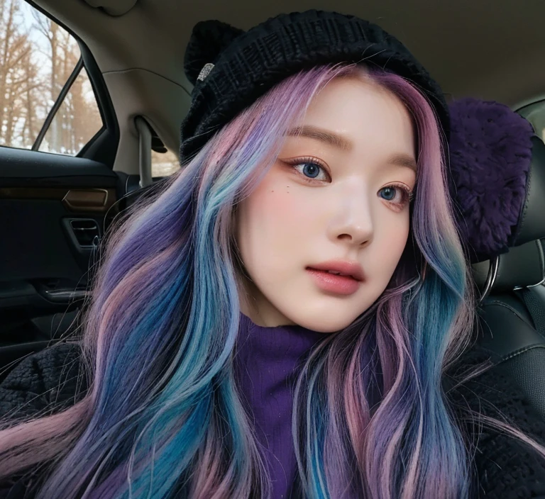 long, Wavy, multicolored hair (rosa, blue, purple), black hat, sitting in a auto, natural lighting, Cozy atmosphere, casual context, winter warm clothing, inside (auto), visible auto window with outside view of trees, Light from the side.