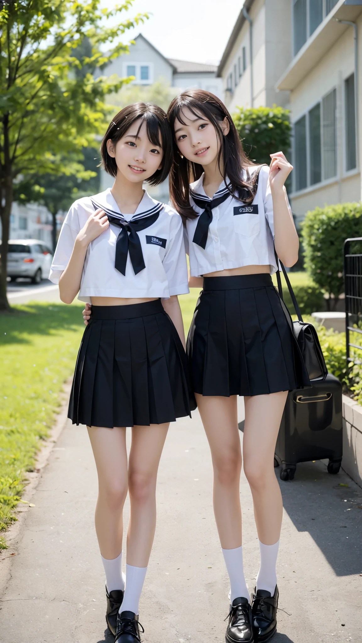 Cute eyes, clear eyes, detailed eyes, carefree smile, pretty smile、High detail, Textured skin, Very detailed, Ultra high definition, High-resolution model, Detailed face、bare navel、Twins, two girls, two high school girls、(((flat chest))), (flat chest:1.1)、 14years、a junior high school student、School Uniforms、Cute, young, (Full body:1.3)、Ultra-detail、​masterpiece、top-quality、超A high resolution、8K high image quality、Photogenic clarity、A detailed eye、Real live-action、Spring outdoor、Model Standing、Beautiful posture、High detail, Textured skin, Very detailed, Ultra high definition, High-resolution model, Anatomically correct, smile, Open your mouth a little, Anatomically correct, 