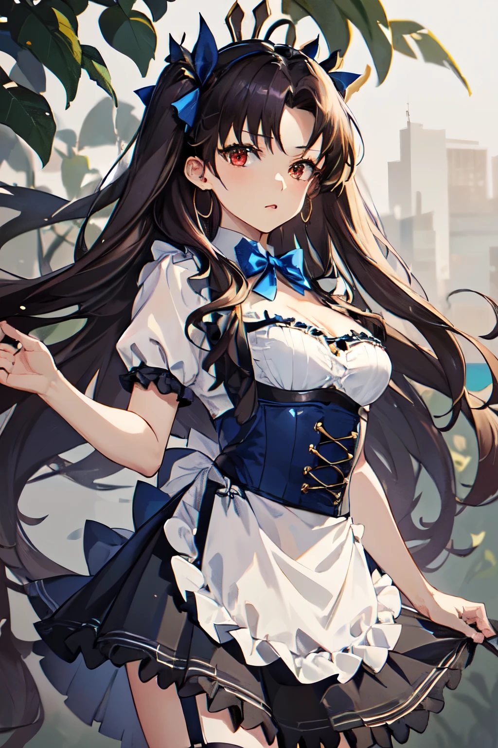 masterpiece, best quality, wallpaper, ultra-detailed,
ishtar, 1girl, solo, looking at viewer, 
(gingham-check suspender-apron:1.3), (solid-blue high-waist skirt:1.3), (apron over skirt:1.2), (white blouse:1.3), (double-breasted,underbust:1.2), short sleeves, button gap, (solid-blue bow-tie:1.2),