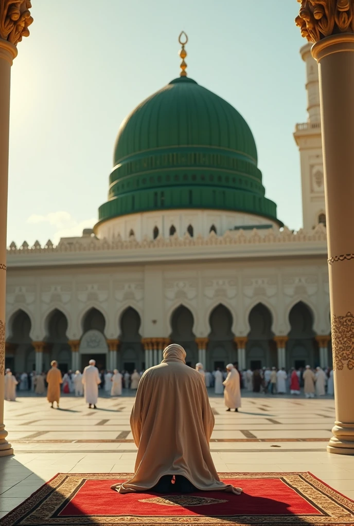 An islamic scholar infornt of green dome
