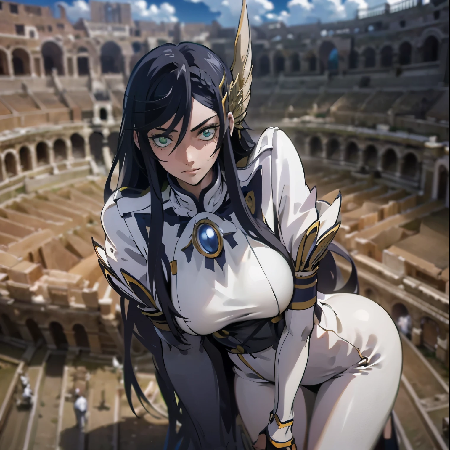 ((1girl)),((alone)), brunhilde,\( shuumatsu no valkyrie\),(masterpiece), (best quality), (ultra detailed), (best illustration), (best shadow), (absurdities) , sharp focus, cowboy shot, atmospheric perspective, depth of field, dynamic posture, ((looking at viewer)), large breasts, narrow waist, wide hips, wide thighs, round butt, erotic, romantic, (highly detailed eyes, lips 1.1), highly detailed eyes, eyes, Highly detailed face, Very beautiful face, Symmetrical face, Aesthetic face, perfect face, perfect eyes, detailed eyelashes: 1.5), full height, beautiful slim figure, femininity, expressive appearance, big breasts elastics, sexuality, parted lips, (green eyes), long hair, black hair, green eyes, wearing white clothes, white dress: 1.4, tight dress: 1.3, black stockings: 1.4, hair ornament, curves, defined body, Perfect and beautiful body, perfect and beautiful, closed mouth, ((evil smile)), (smug), flirtatious expression, (sexy pose: 1.2), ((solo)), standing: 1.3, ((exterior, Roman coliseum, day,sunny,clouds,clear sky,)), Looking forward,((focus on breasts:1.4)), point of view:(from above), perfect anatomy, perfect hands