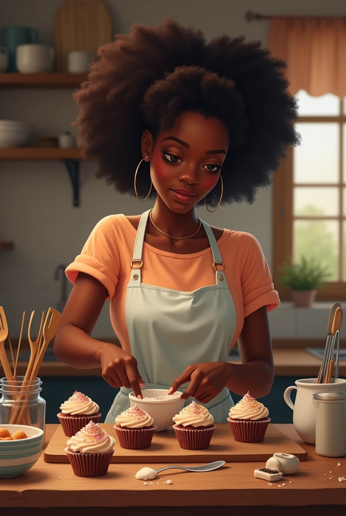 a beautiful black woman, in chef's clothes, preparing several large homemade chocolates to sell