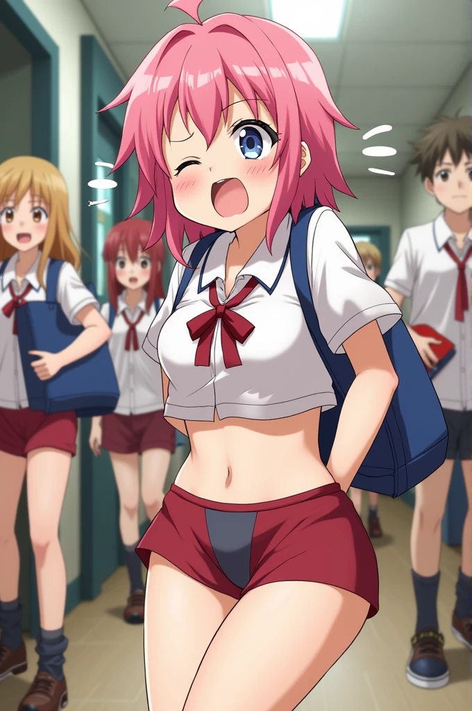  3 girls,  triplets. Are stand, medium Hair, long hair, ponytail, pink hair, purple eyes, blue eyes, red eyes, cute white underwear, cute white dress, smile, 恥ずかしい, angry, (cowboy shot), (((showing underwear))), (((skirt lift by myself))), ((from front)), ((from below)), ((32K)), ((best quality)), ((ultra high res)), ((HDR)), ((uhd)), ((extremely detailed CG)), ((unity 32K wallpaper)), ((perfect anatomy)), nsfw, 