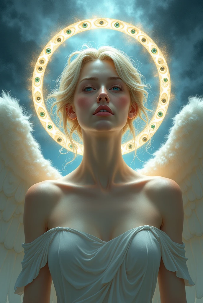 An angel in human form with 2 rings around its head filled with ...