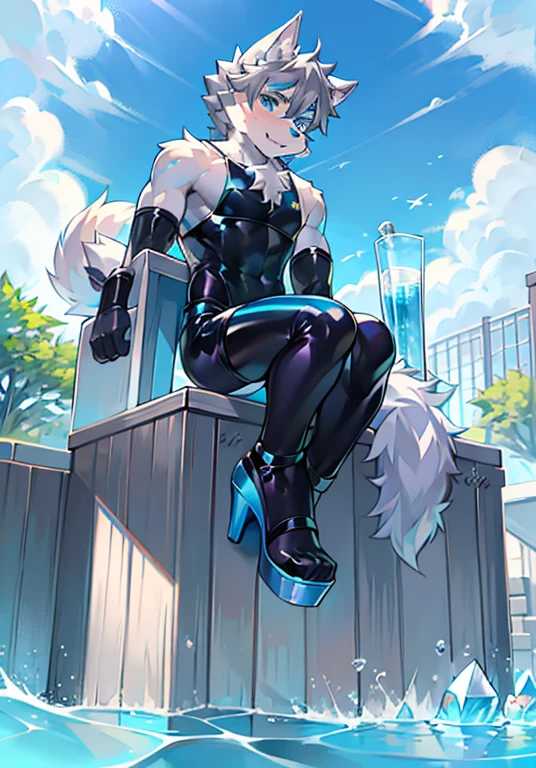 Furry,wolf boy,White fur,crystal blue eyes,Single fluffy tail,greyt hair,short detailed hair,summer day,Wear diving goggles,masculine features,squat,asshole,Bulge,Sexy latex swimsuit,stirrup legwear,full body,((High heel))