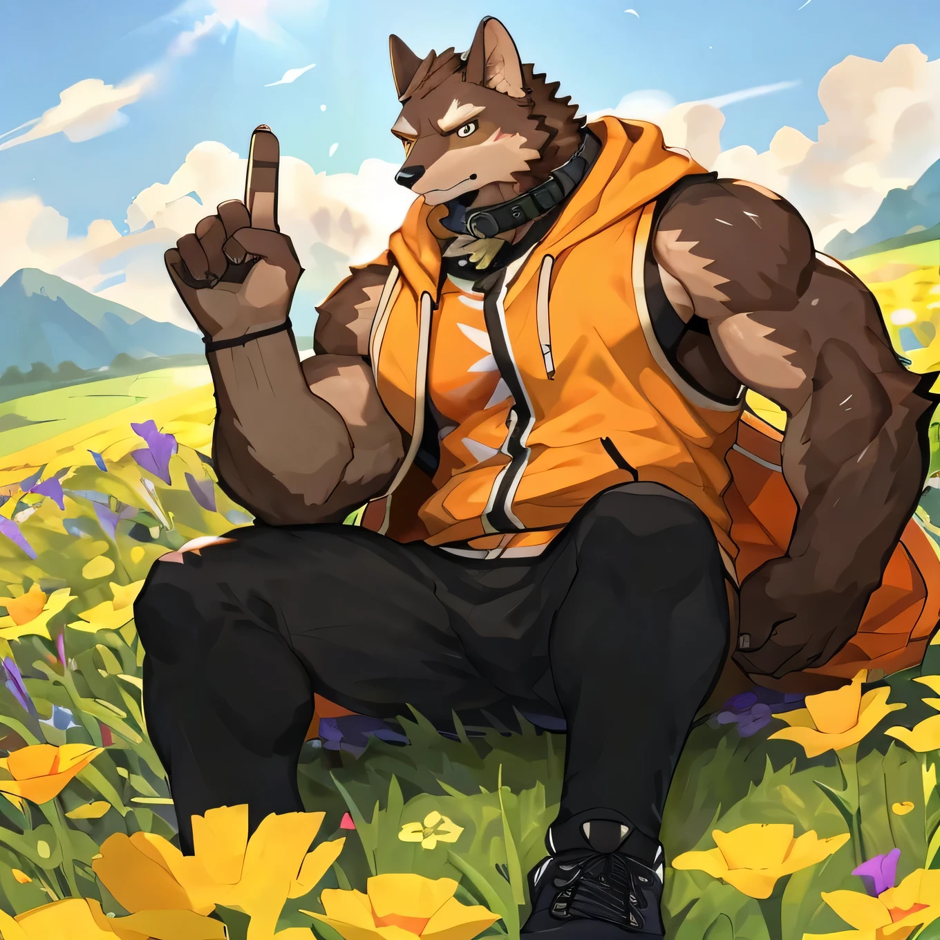 There is a black dragon playing in the flower fields, sports tall handsome guys, Big abdominal muscles, muscular, 1 boy, Solitary, Golden Eyes,Wear casual suits(Wearing an orange hoodie), Handsome,(Face clarity),Collar Dog, In the flower fields,A field of flowers ,Playing guitar, short, on the grass, Athletic Body, Full body pictures, Tight black vest, Wearing a vest, 2 man :: sports