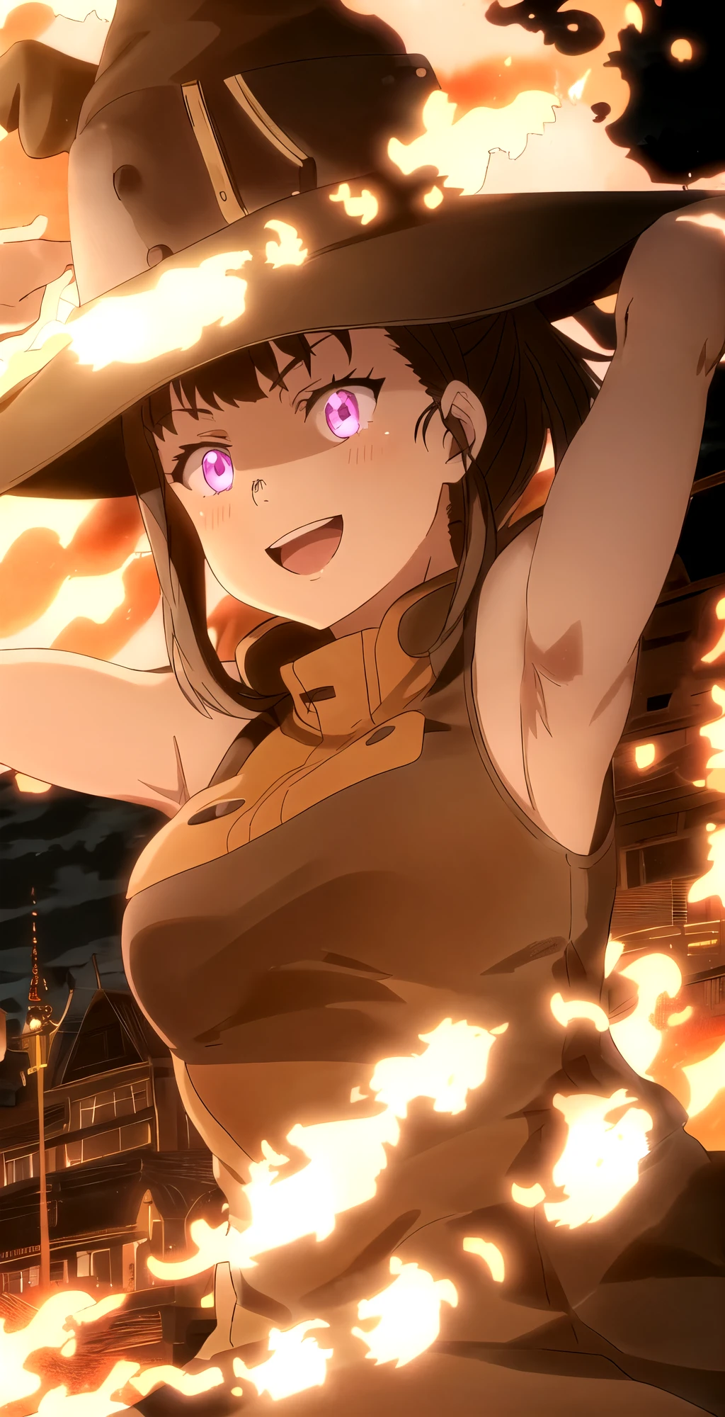 Maki, 1girl, solo, ponytail, bangs, muscles, ((witch dress and hat)), glowing fire fight jacket,halloween, glowing eyes, smile, candy, night time, row of houses in background, perfect quality, good quality, masterpiece, HDR, UHD 