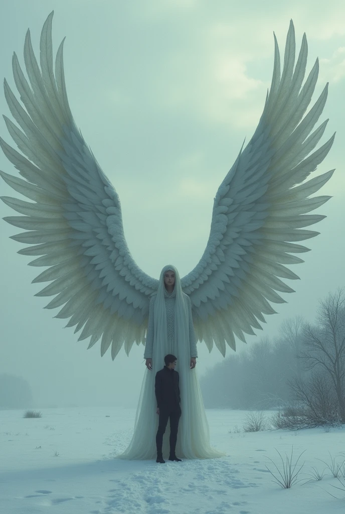 A man disappears on a winter day. A woman with very long wings comes and her wings are longer