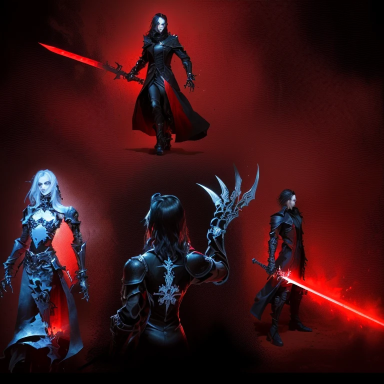 A collection of four dark fantasy characters, with two men and two women with different weapons. One man is wearing a long black coat with red details and studs, wielding a glowing red sword. Second character, skeletal female figure in rags, with clawed hands and exposed skeletal arms. The third one is a sketch of the character from behind., displaying mechanical or armored arms and complex designs, tattooed on the back. The fourth figure is a man in a black leather suit., waving a huge sword, standing in a determined pose.