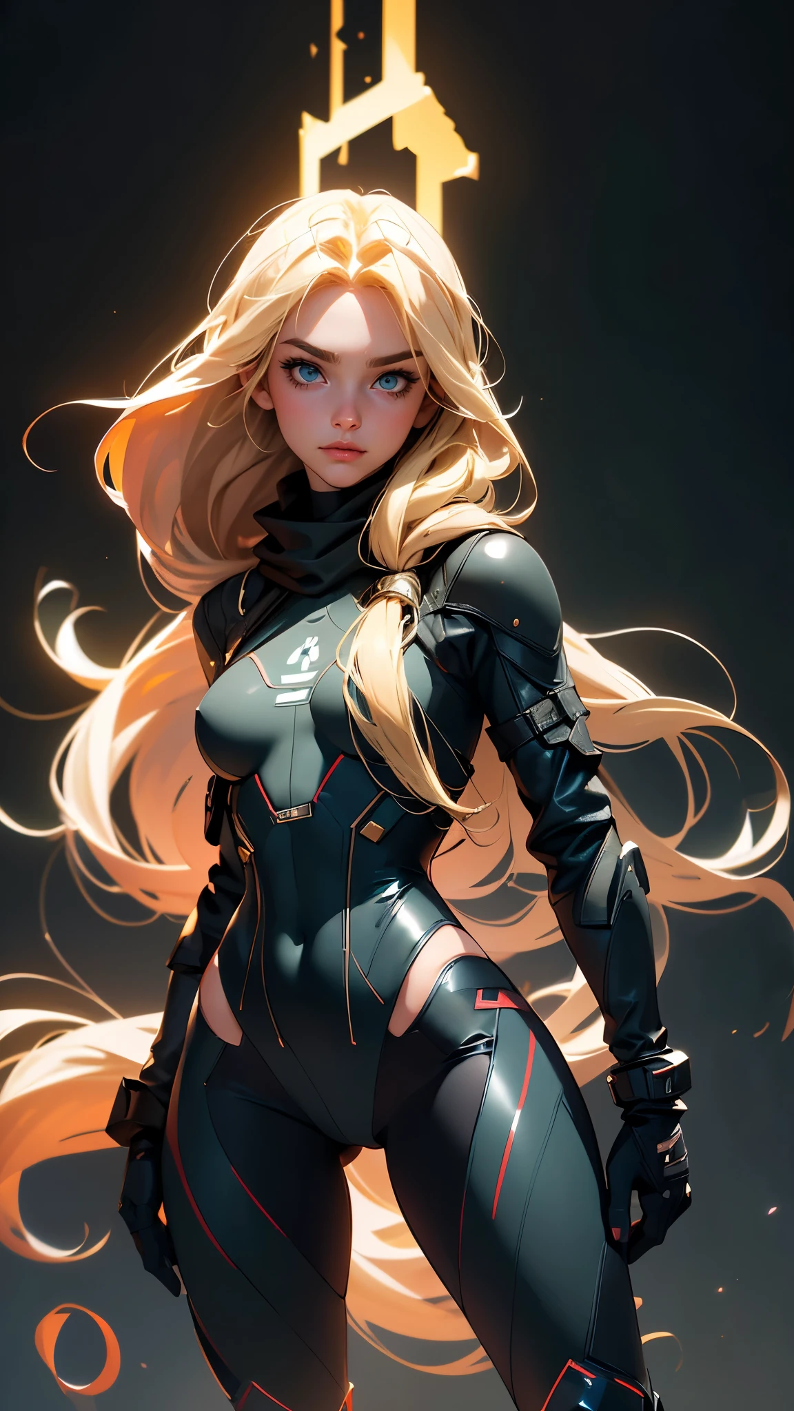 envision a 8k, highres, cinematic, beautiful full body Pinup of a sexy German woman with a slender muscular body, strong mature face, ((Billie Ellish)), (((long blonde hair))), side locks, long bangs, green eyes, black tight suit, black scarf, scar, gloves, combat boots ((((1girl)))), in dark lighting, against a dark gray background